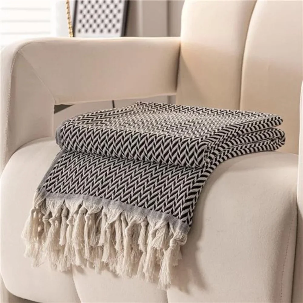 NEW West Elm Boho Black & White Turkish Cotton Throw Blanket Bedding - 60